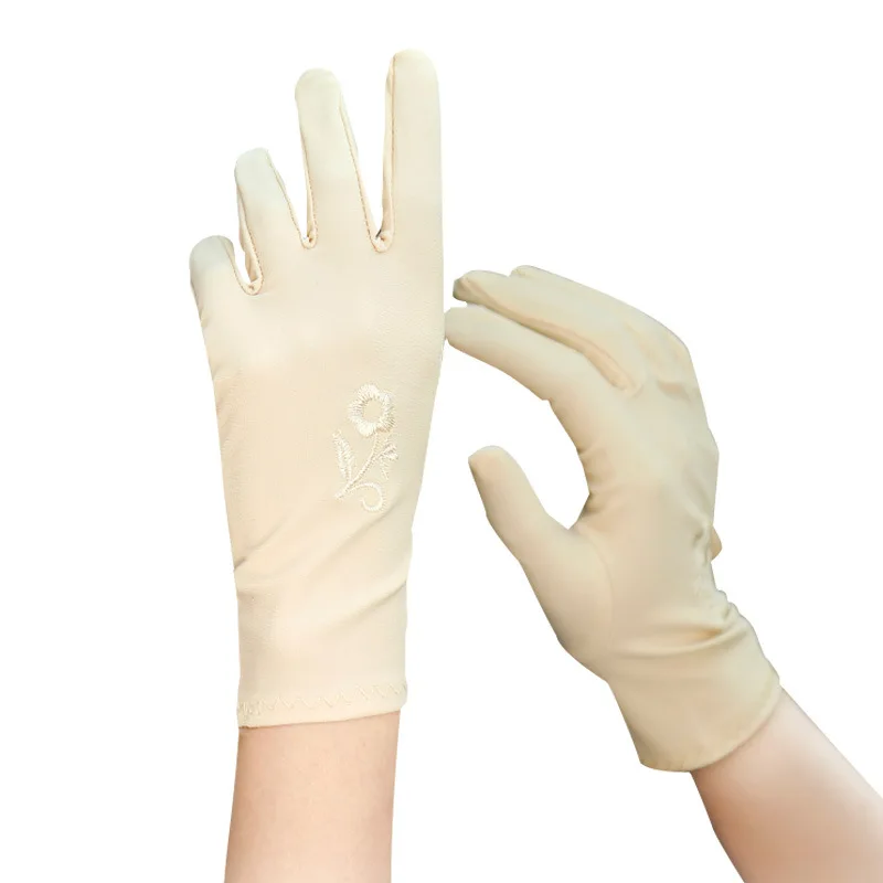 Spring and summer new ladies solid color spandex stretch sunscreen gloves flower embroidery ceremonial performance driving glove