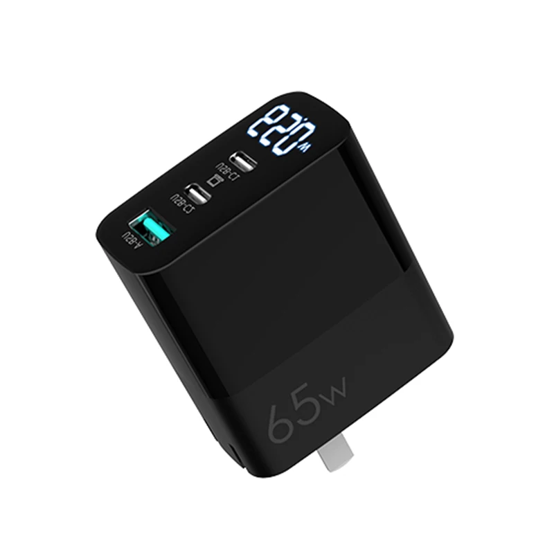 US Folding Plug 3 Ports USB Type C Quick Fast Charging LED Intelligent Digital Display PC Fireproof PD Charger 65W GaN Adapter