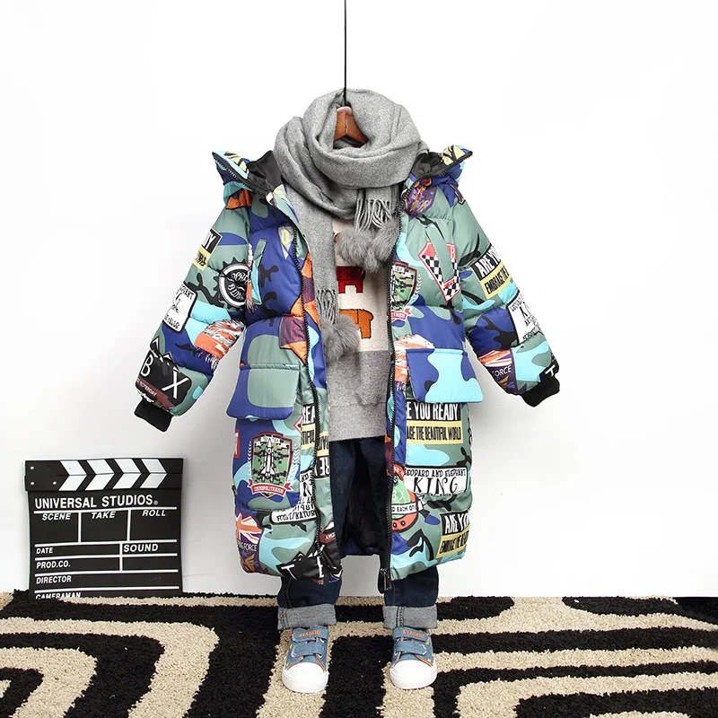 Jacket for Boys 2019 New Brand Hooded Winter Jackets Graffiti Camouflage Parkas For Teenagers Boys Thick Long Coat Kids Clothes