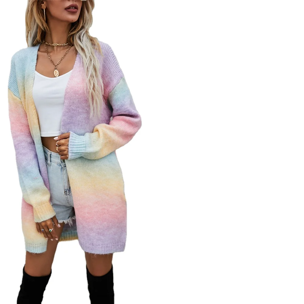 Autumn Winter 2022 New Rainbow Tie-Dye Pocket Jacket Loose Oversized Sweater Women Leisure Knitted Cardigan Long Cardigan Women