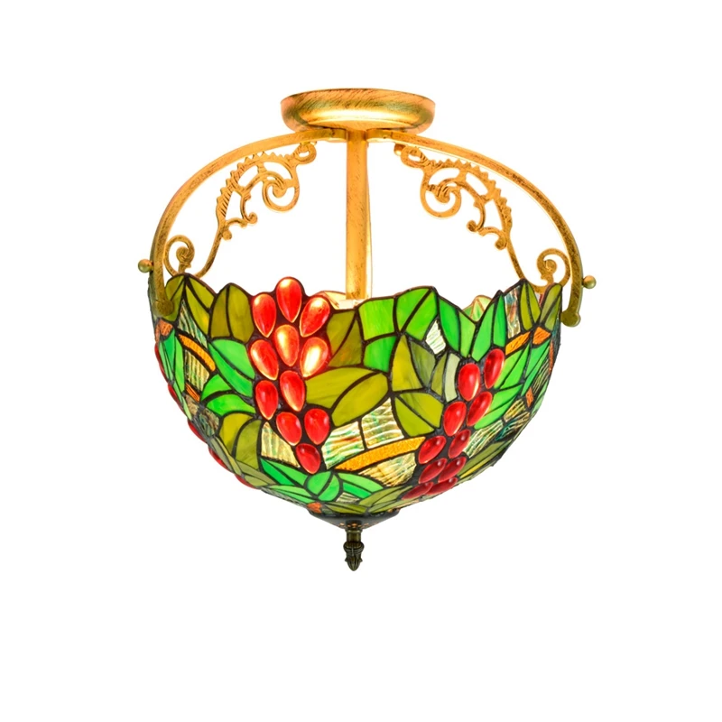 
Retro Two Color Rose Bedroom Hotel Home Decor Semi-Ceiling Lamps Stain Glass Lamp Shade Green Tiffany Recessed Ceiling Lights 