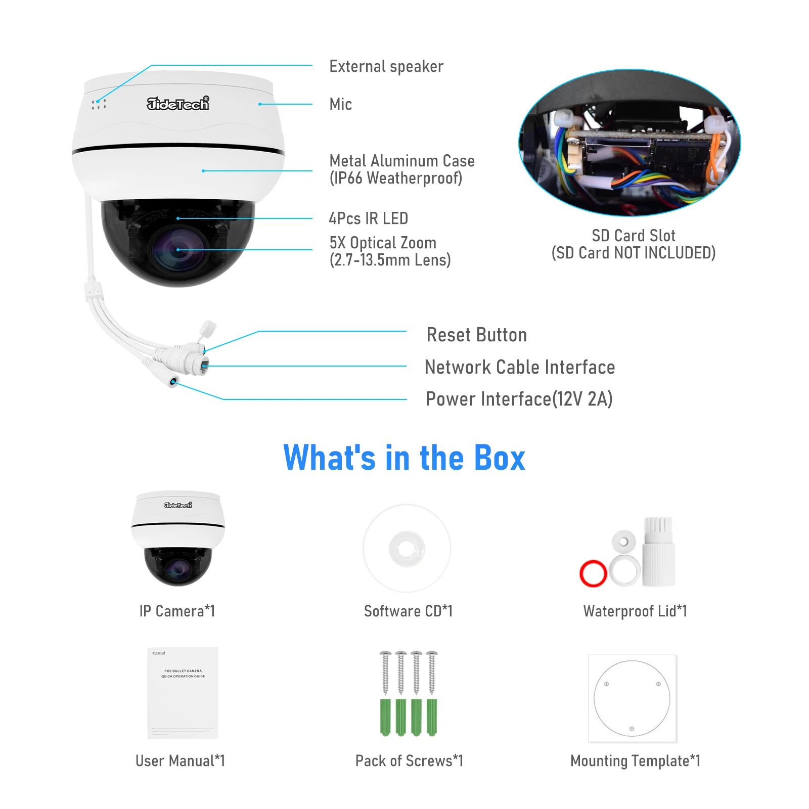 Купольная IP-камера JideTech P1 Plus-5X-5MP PTZ POE 5 Мп H.265 50X с ночным видением