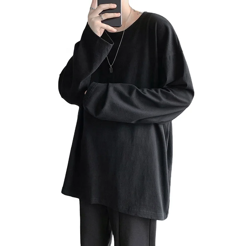 JL-10145 Custom LOGO cheap men long sleeve oversized t-shirts solid color white black unisex crewneck t shirt