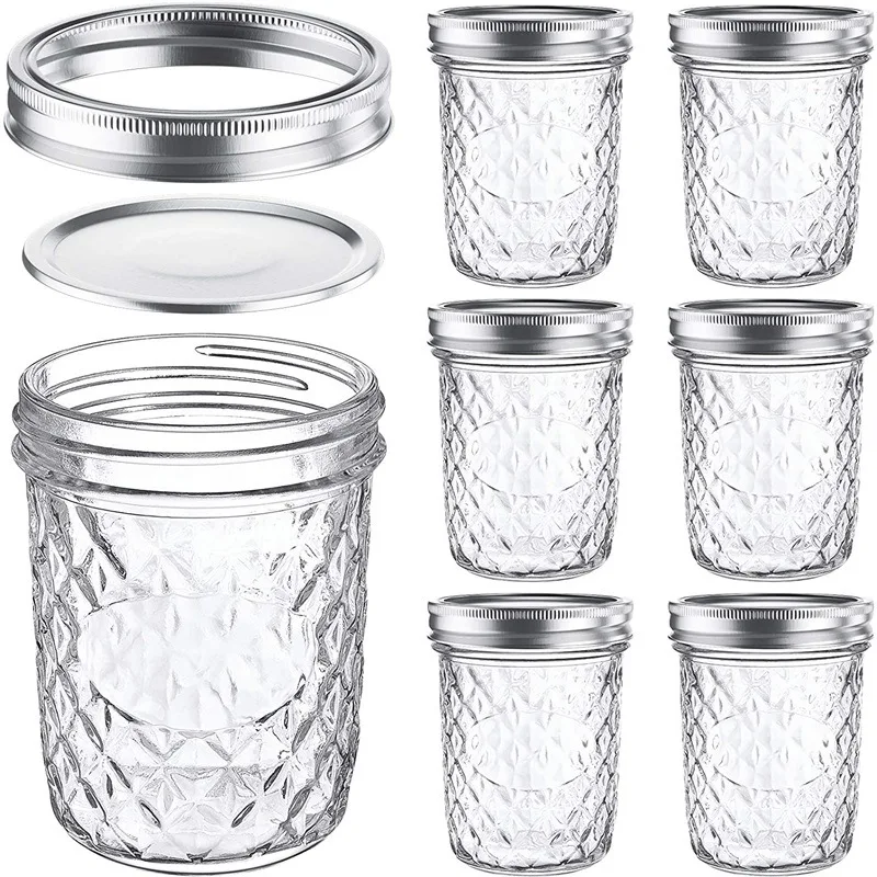 Mason Jar 16 oz 6-Pack Airtight Container for Pickling Canning Quilted Wide Mouth Glass Jars with Lid & Seal Bands