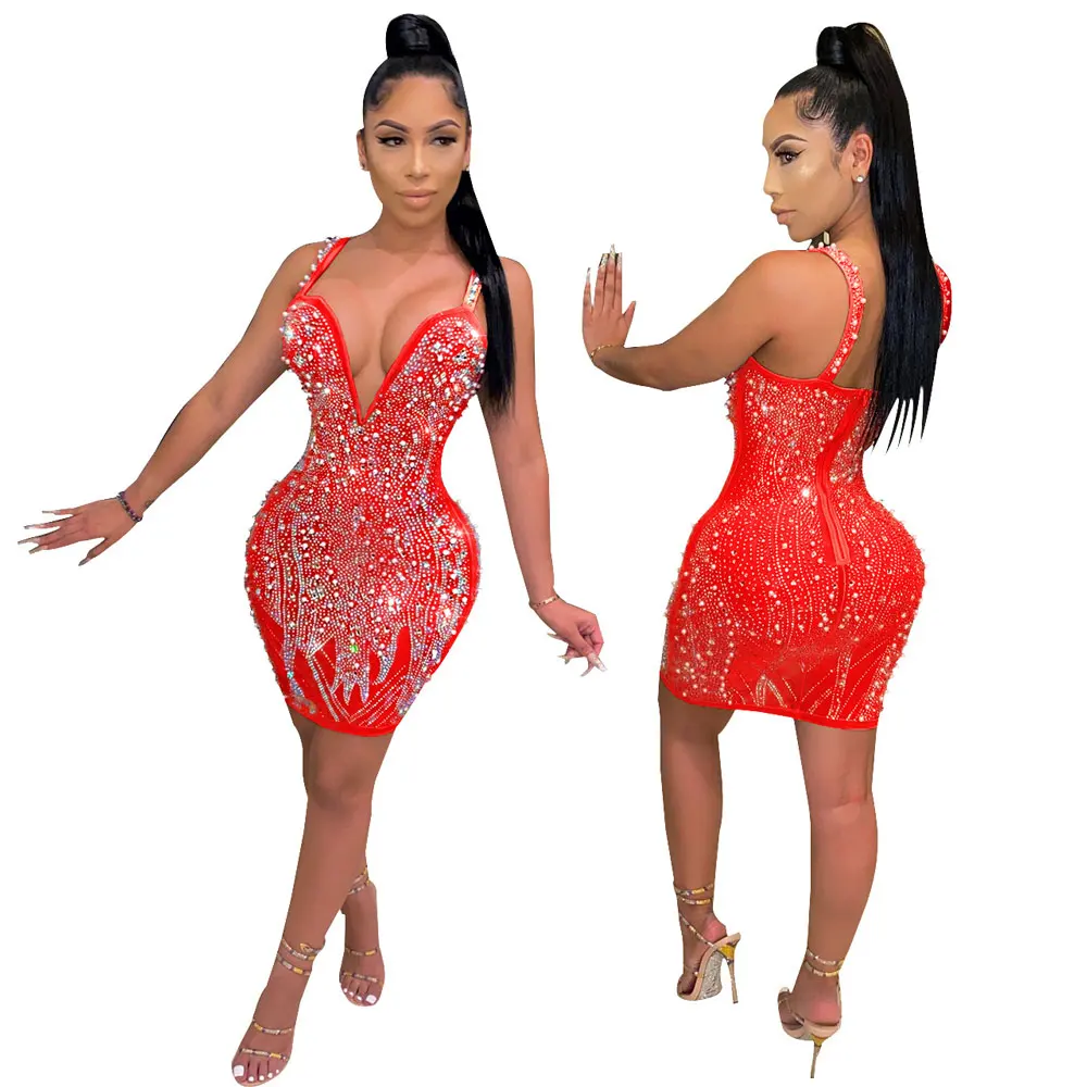 2021 New Style Wholesale Colorful Hot Drilled Sleeveless Ladies Evening Party Club Dress For