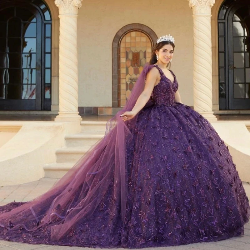 Mumuleo фиолетовые блестящие платья принцессы Quinceanera с накидкой открытыми плечами Цветочная бабочка корсет милое платье 15 vestido дебютантка