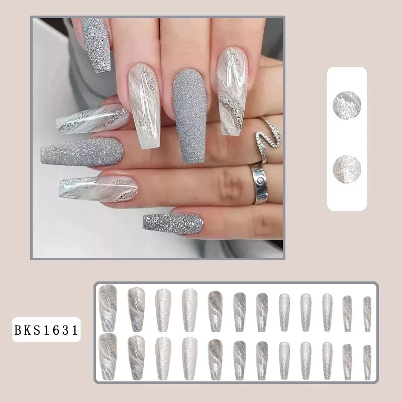 Nail Art Supplies Long Coffin Wearable Artificial Fingernails Gray White Marbling Press On Nails Flash Powder Fake Nails 24pcs