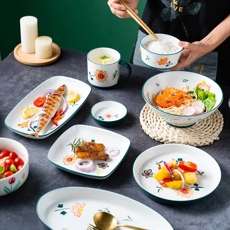 
2021 Amazon Hotselling Customized Complete Elegant Ceramic Dinner Set Porcelain plate bowl and cup Home Hotel Restaurant 