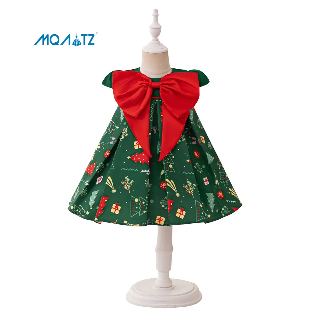 MQATZ Mini Christmas Cotton Dress Baby Doll Sleeveless Princess with O-Neck Collar Puff Sleeves Floral Girl with Bow ASD103