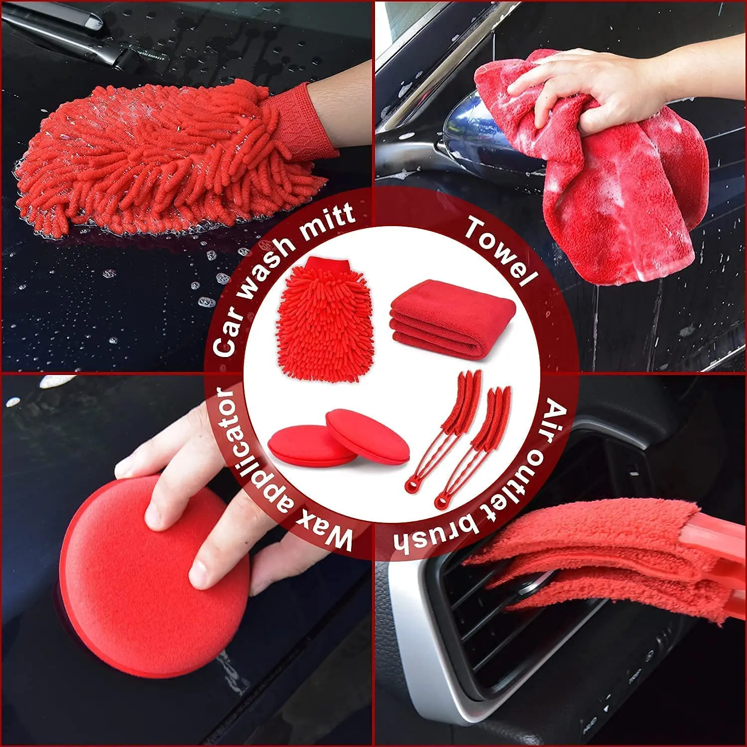 18 Pcs Professional and customized red car Washing kits car detailing brushes set Car cleaning kit