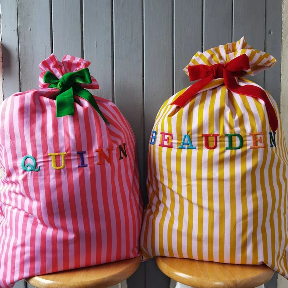 Embroidery Luxury Pink Striped Reusable Santa Sack Personalized Custom Wrap Christmas Gift Bags