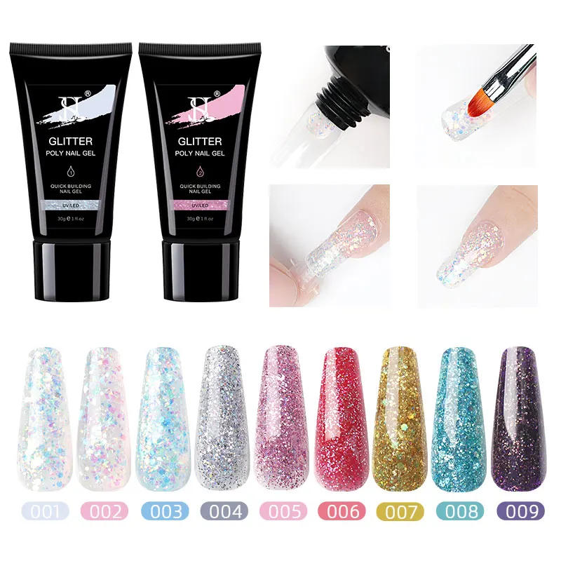 HS Private Label 30ml 9 Colors Nail Extension Glitter Poly Nail Gel Professional Oem Sequin Poly Acrylic Gel