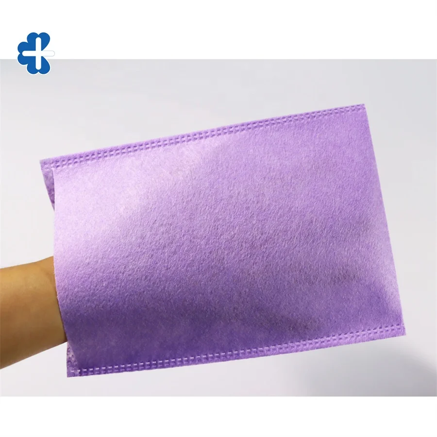 Purple Color soft Disposable Non Woven Molton Washing Gloves To Cleaning Patient Body