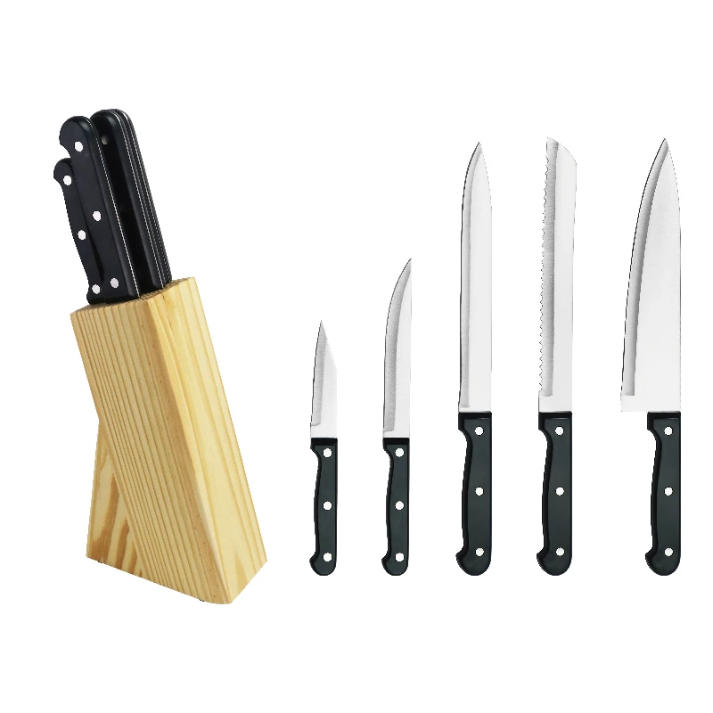 6pcs Colorful Kitchen Knife Set With Wood Block Stainless Steel Handle Metal Meat Gift Box