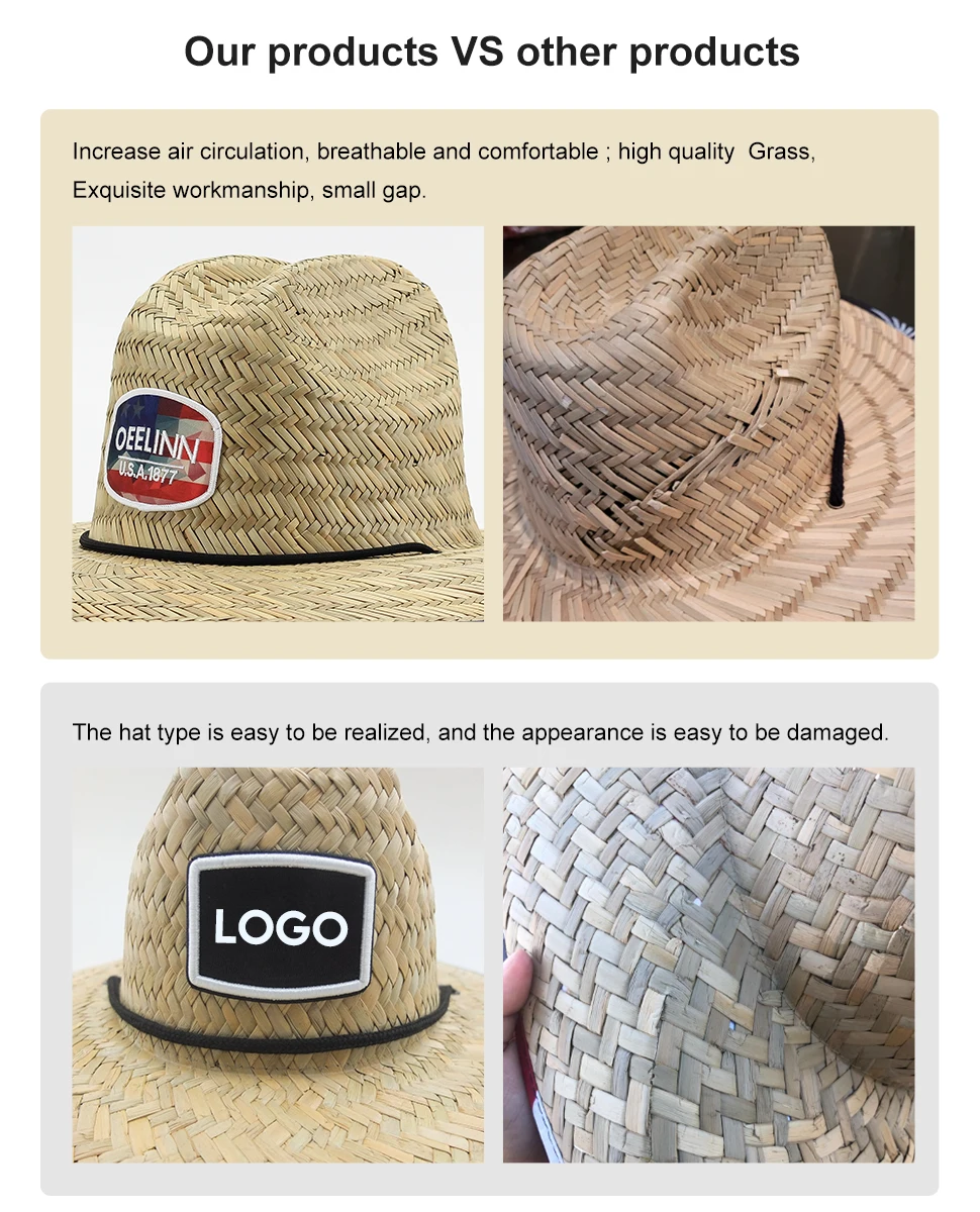 custom handmade wide brim color fishing straw hat mat grass lifeguard straw hat with logo
