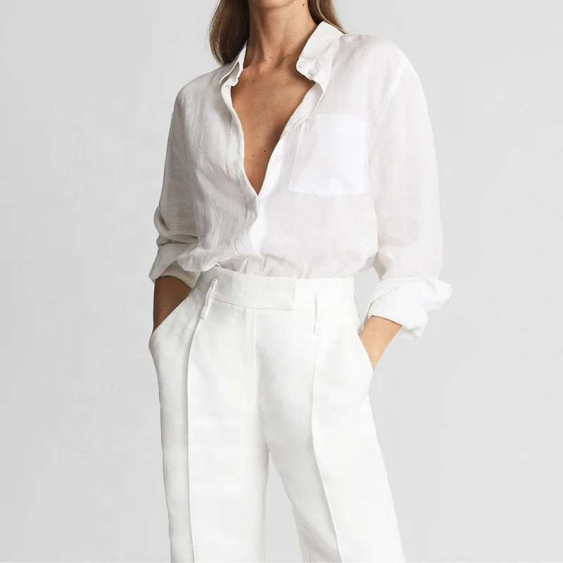 Custom Long Sleeve Linen Fabric Shirts Cotton Linen Blouses For Women