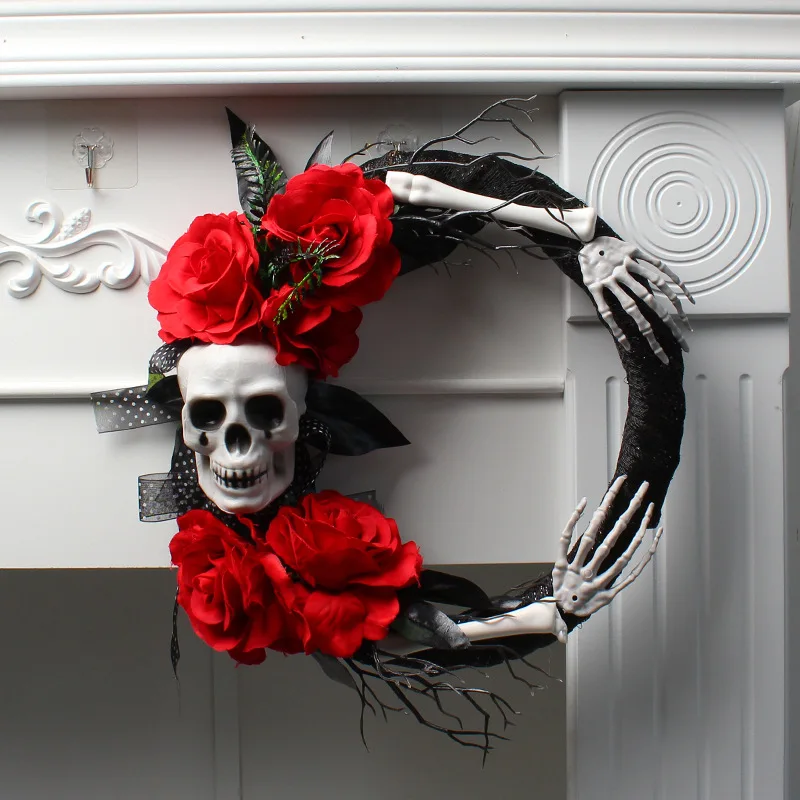 Halloween Skeleton 16 Inch Red Rose Ghost Handmade Garland Halloween Festival Party Venue Scary Props Decorated Rattan Wreath