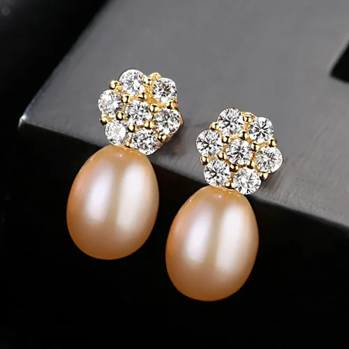 Custom Trendy 925 Sterling Silver Micro Inlay Zircon Flower Design Studs Earrings Simple Fresh water pearl Dangle Earrings Women