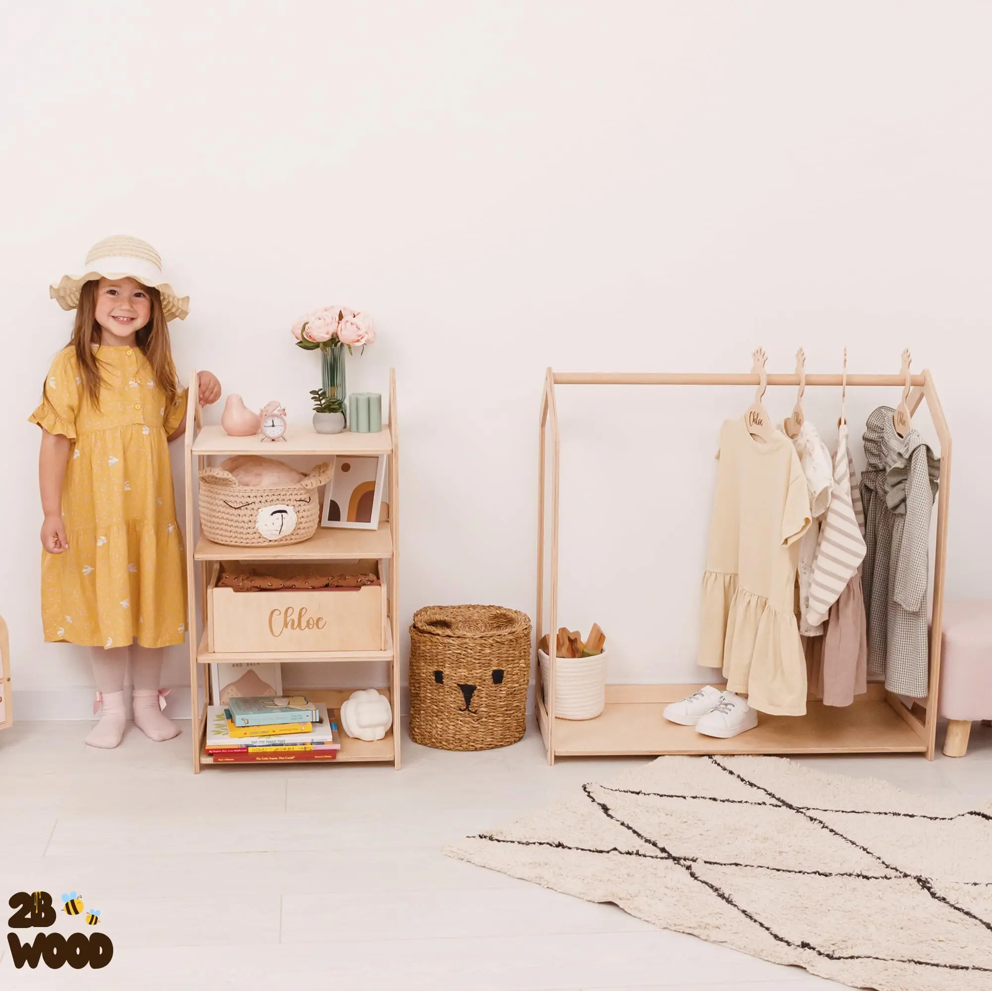 Kids clothing display racks bamboo coat rack With Storage Children Wardrobe Rack