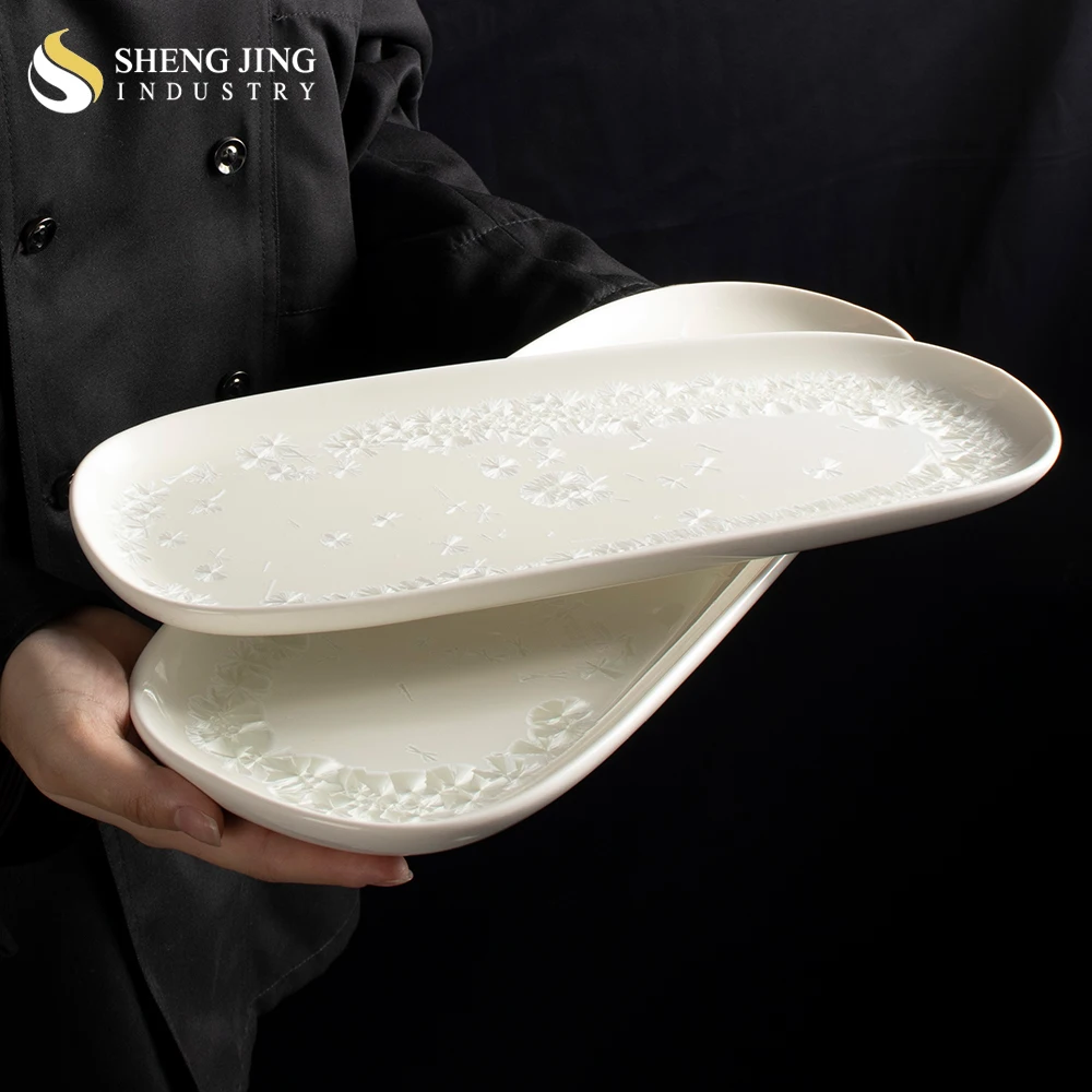 Wholesale Ceramic Glaze Dishes For Restaurant Tableware Hotel White Porcelain Rectangular Plates Catering Potery Dinner Platter