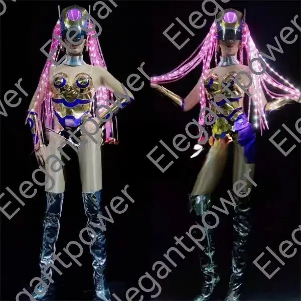 2024  Hot selling!  Party Club stage show costume wig set led light up future technology outfit performance wear