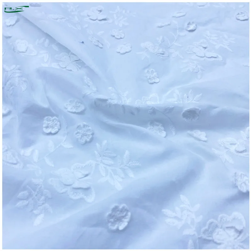 Custom wholesale high quality white floral 100%  cotton 3d embroidery fabrics for clothing