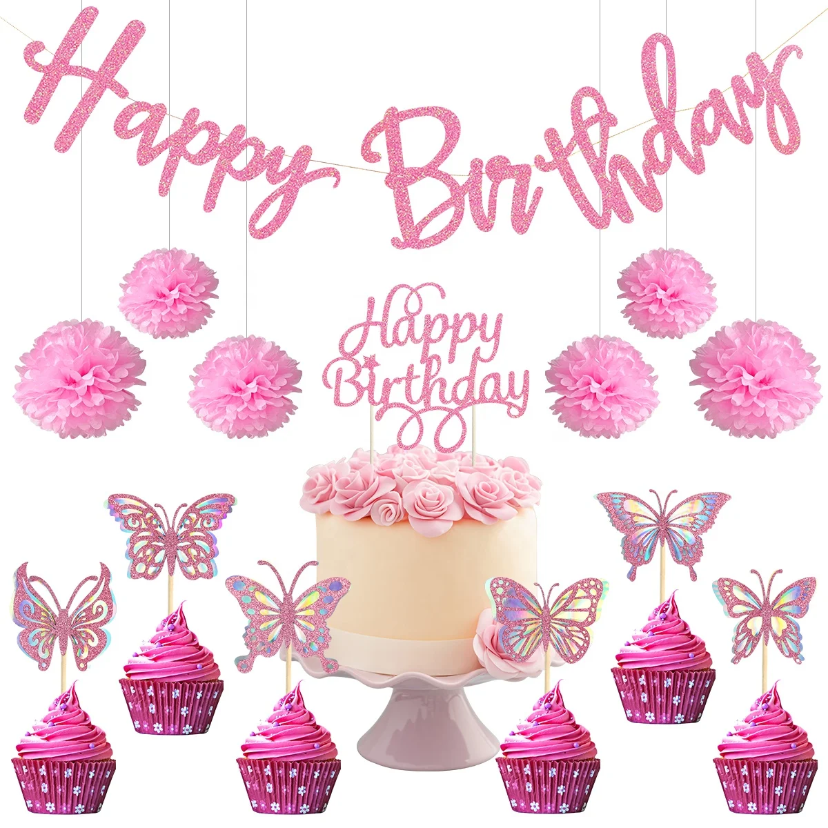Stone Pink Color HAPPY BIRTHDAY Banner Paper Pom Poms Butterfly Cake Toppers Decoration Set, Kids Adult Party Supplies