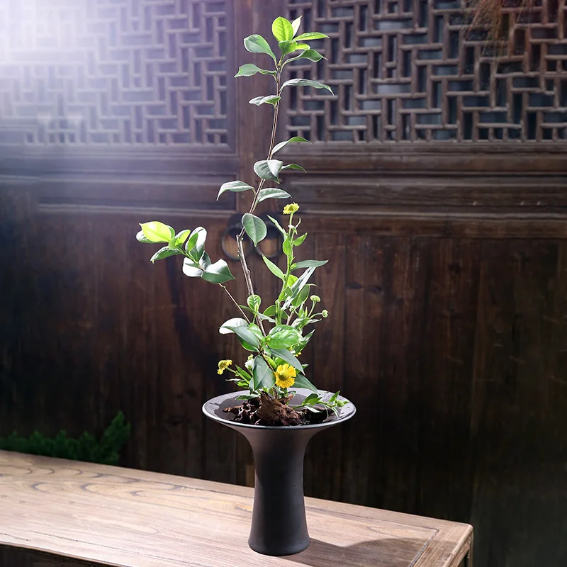 Ohararyu Ikebana ceramic vase  waist tied  frosted black modern Japanese style retro flower arrangement vessel