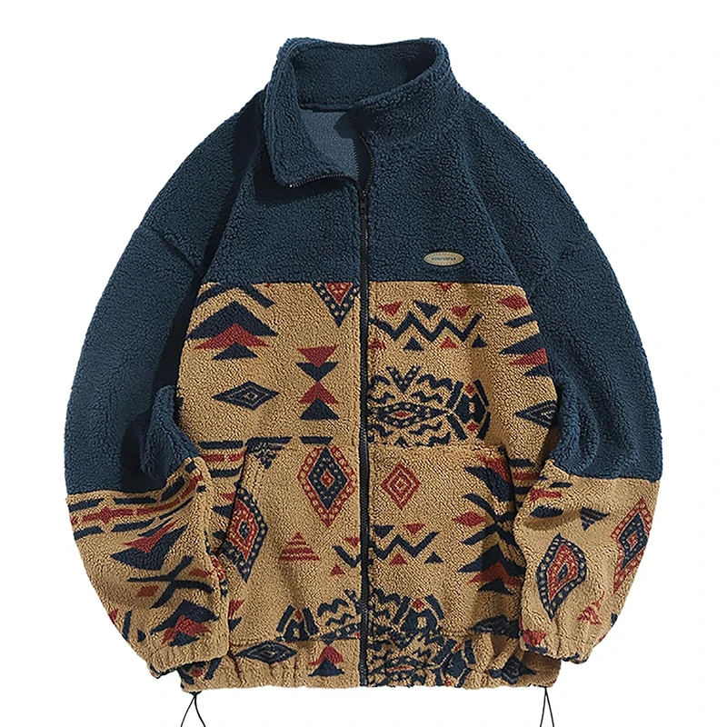 High quality Custom Sherpa Polar Fleece Zip Up Fly Fluffy Jacket Aztec men Jackets Outdoor Fleece Jacket