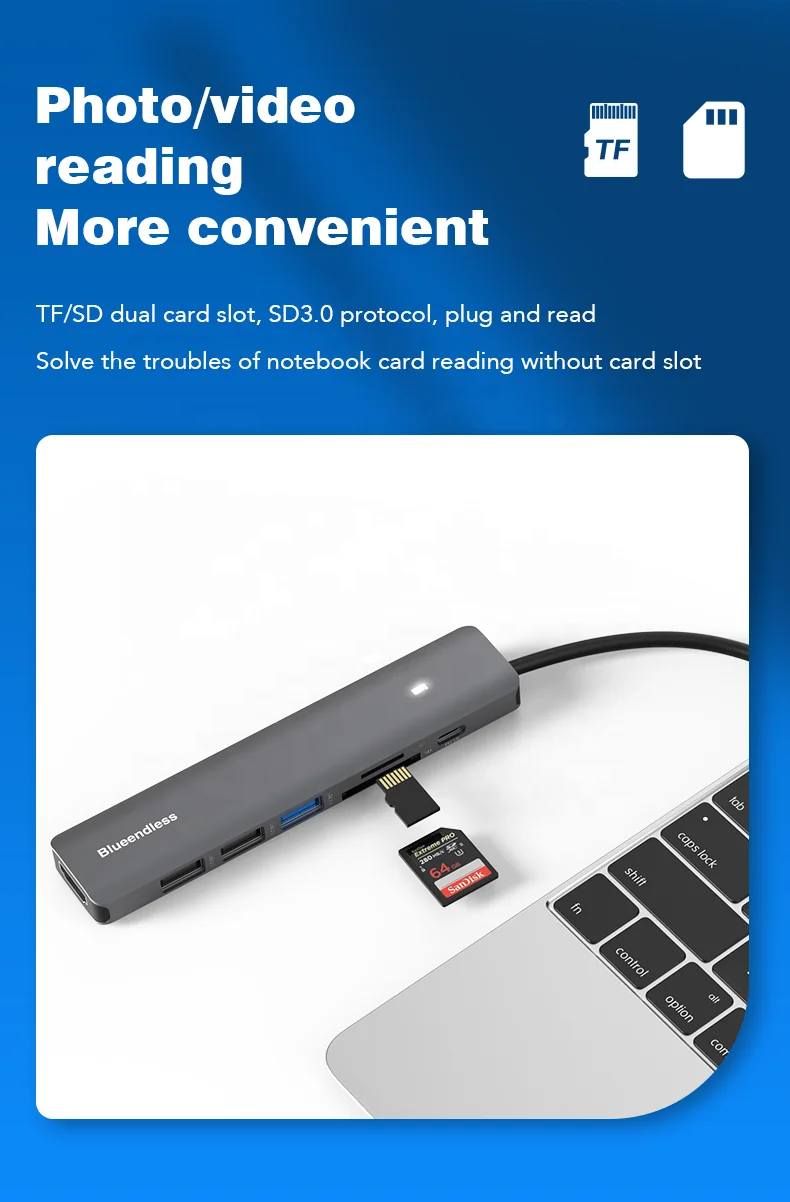 High Quality Aluminum 4K30 HDTV SD TF Reader Docking Station For 100W PD 7 In 1 HUB Adpter For Laptop