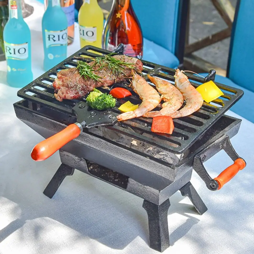 BBQ Indoor Outdoor Portable Steak Chicken Meat Camping Picnic Party BBQ Smoker Small Rectangle Cast Iron Charcoal BBQ Grill