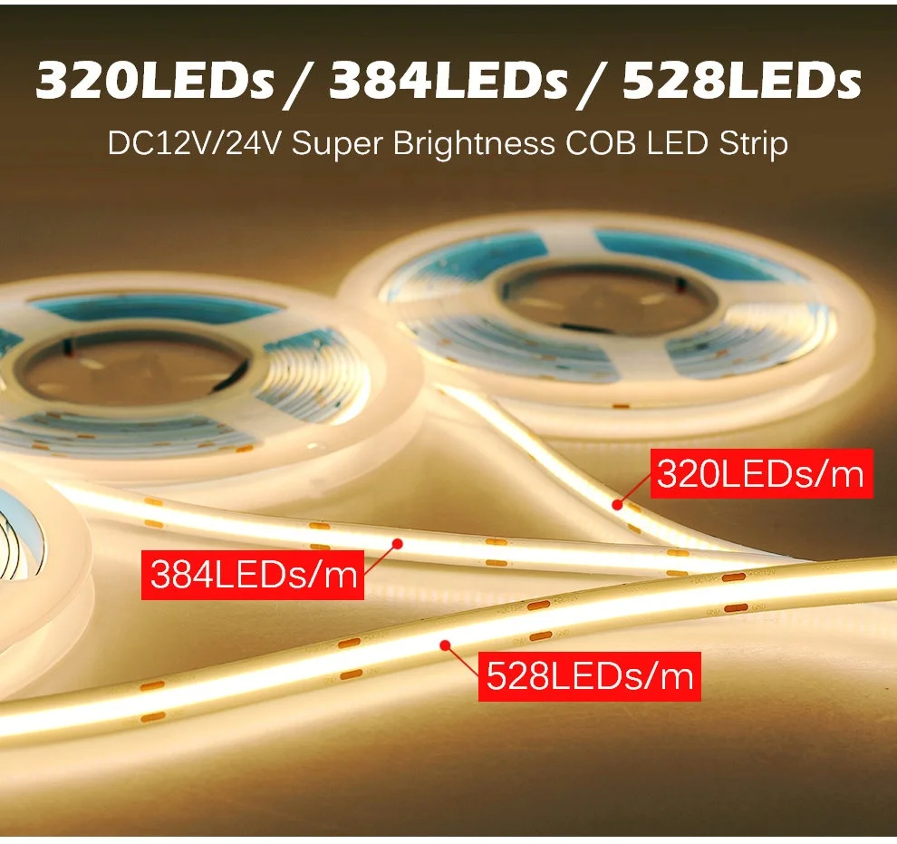 
IP65 Waterproof Flexible Dc 12v 24v 528leds 5m COB Led Strip light smart soft high brightness 