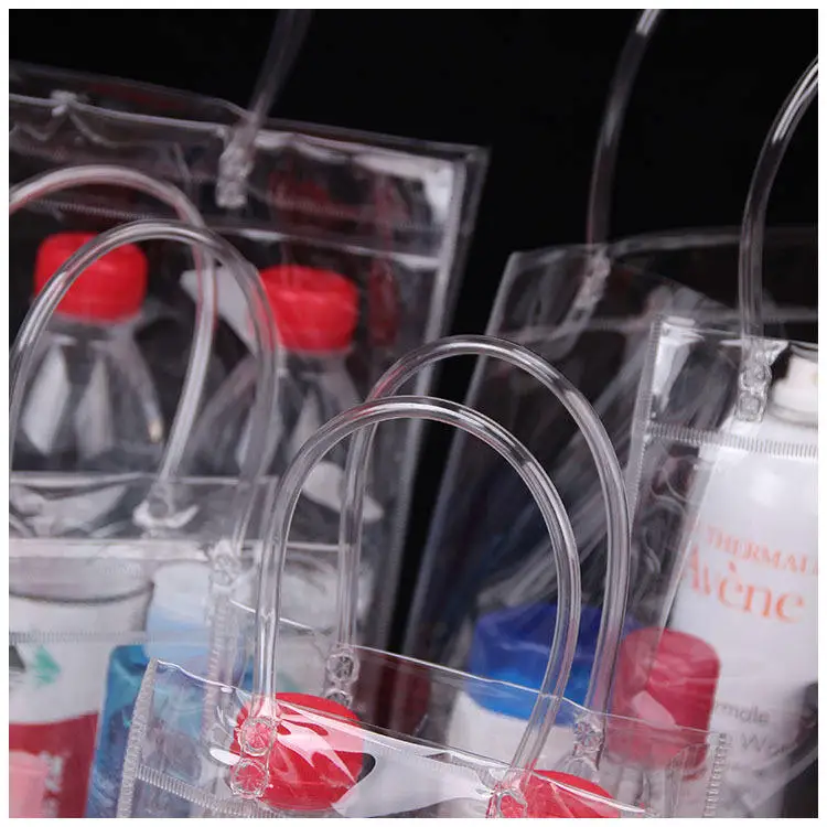 Low MOQ clear transparent pvc beach shopping bag packing bag for gift promotion with handle/top button for closure