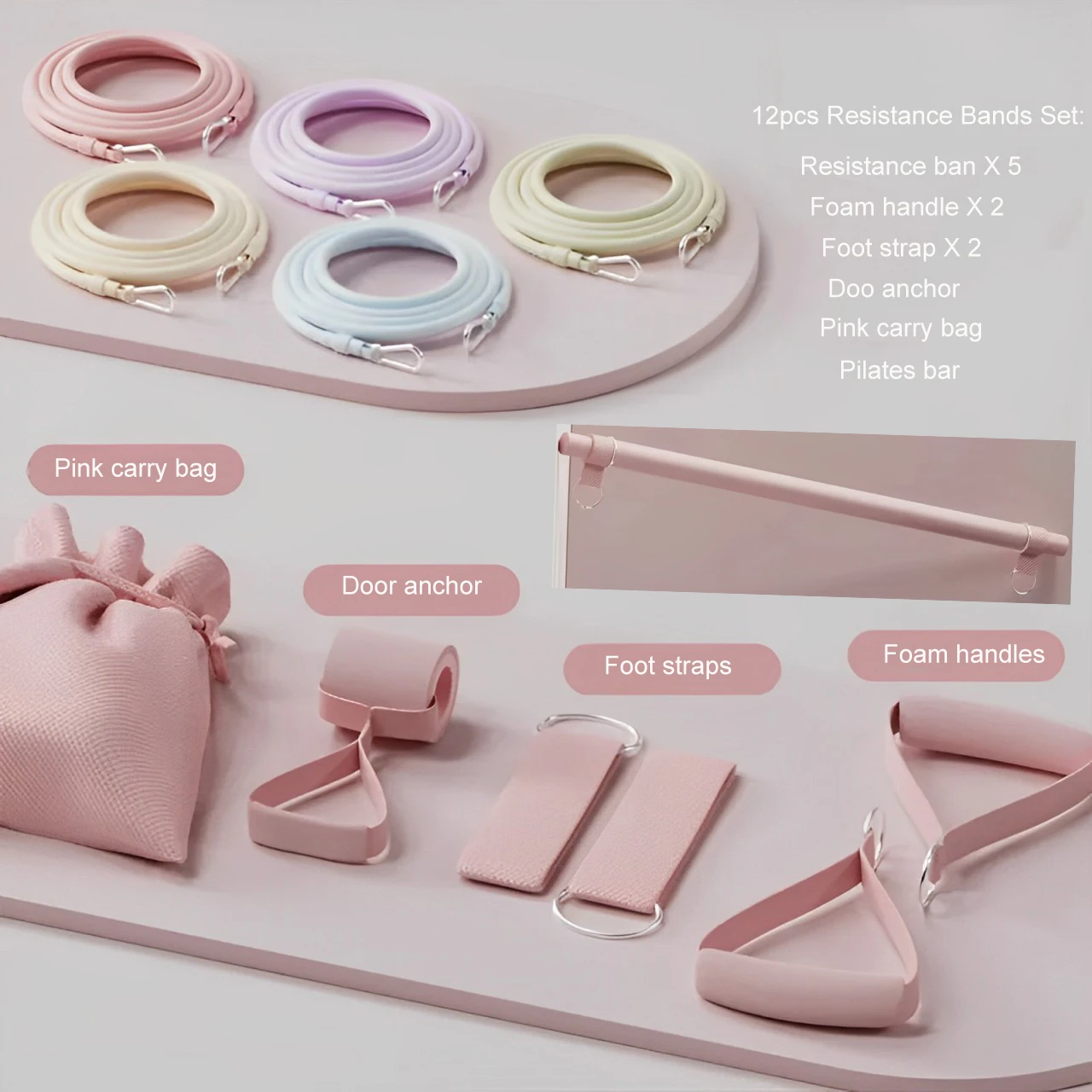 12pcs Resistance Bands Set with Pilates Bar 11pcs Essential for Fitness & Pilates Exercise