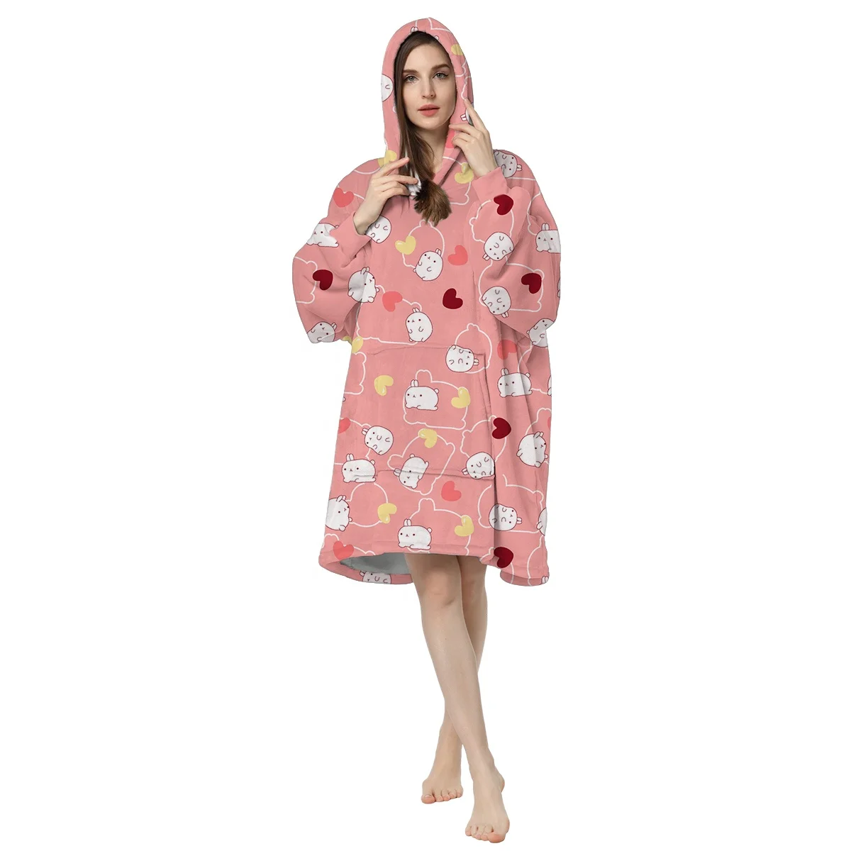 Wholesale Custom hooded flannel pink rabbit  sherpa customize oversize sweatshirt wearable TV hoodie blanket