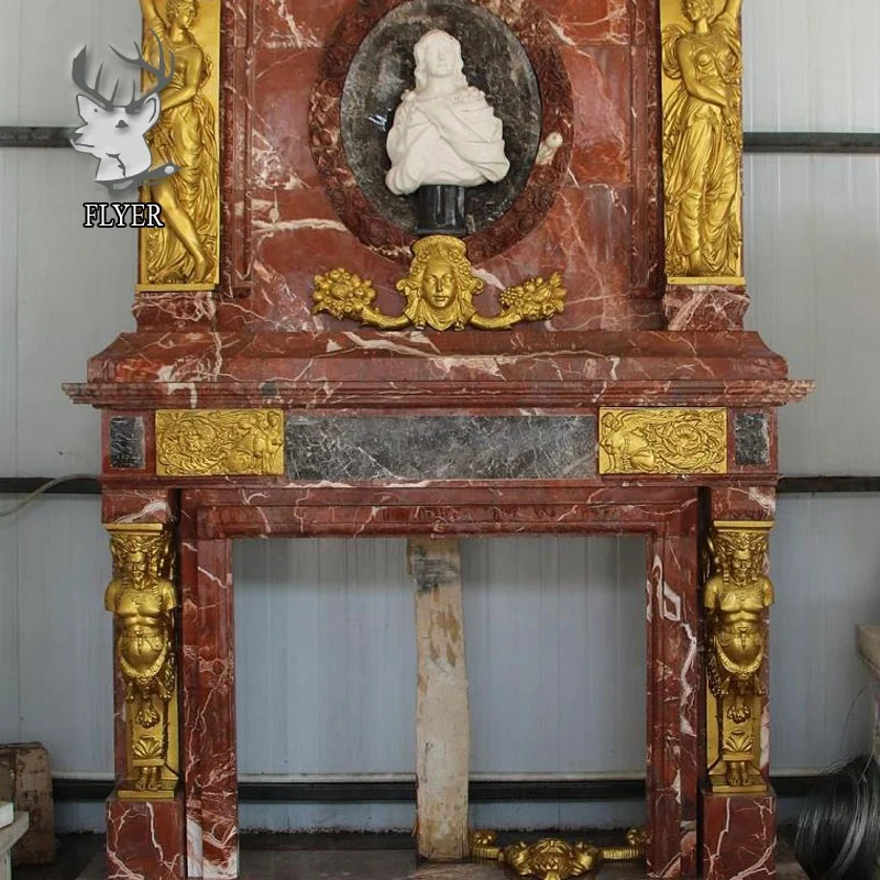 Natural Red Marble Fireplace Indoor Customized Handmade Cast Bronze Decoration Western Style Coral Red Marble Fireplace