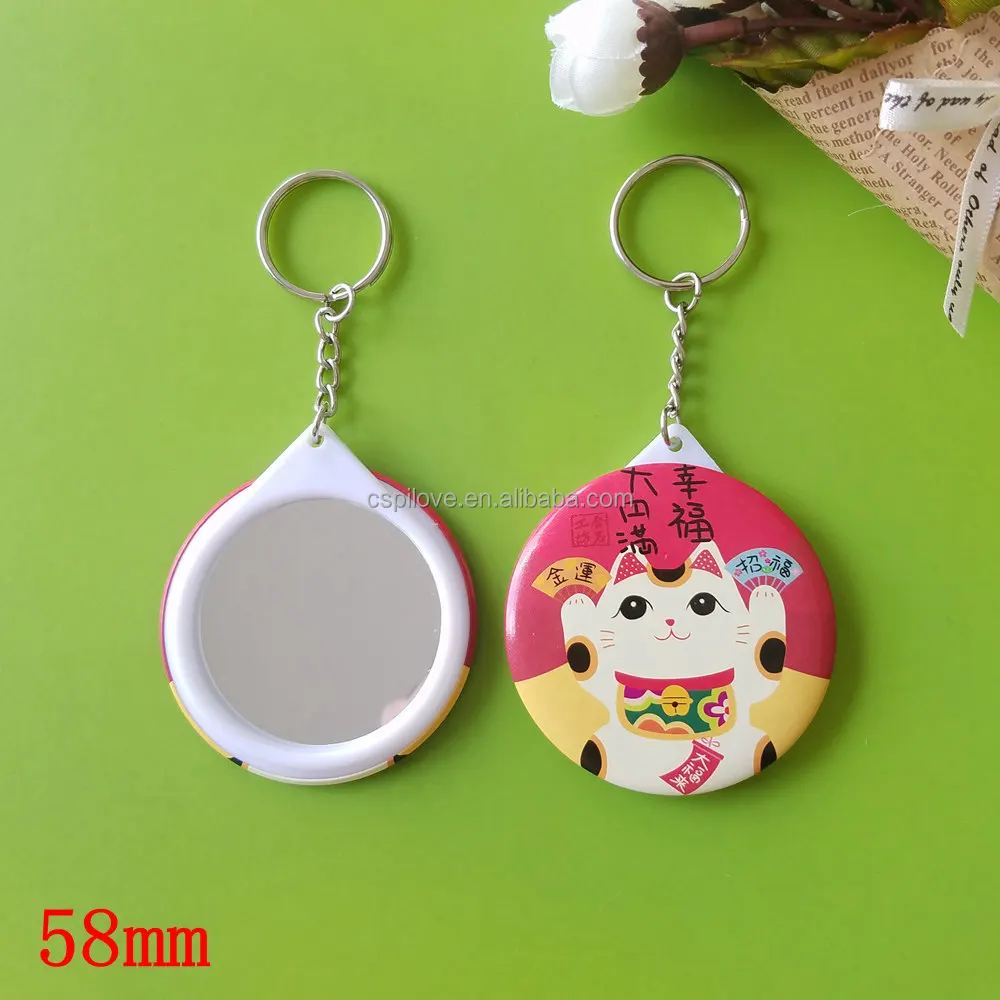 Factory custom cheaper promotional gifts color printing 58mm round shape metal tin pocket mirror keychain