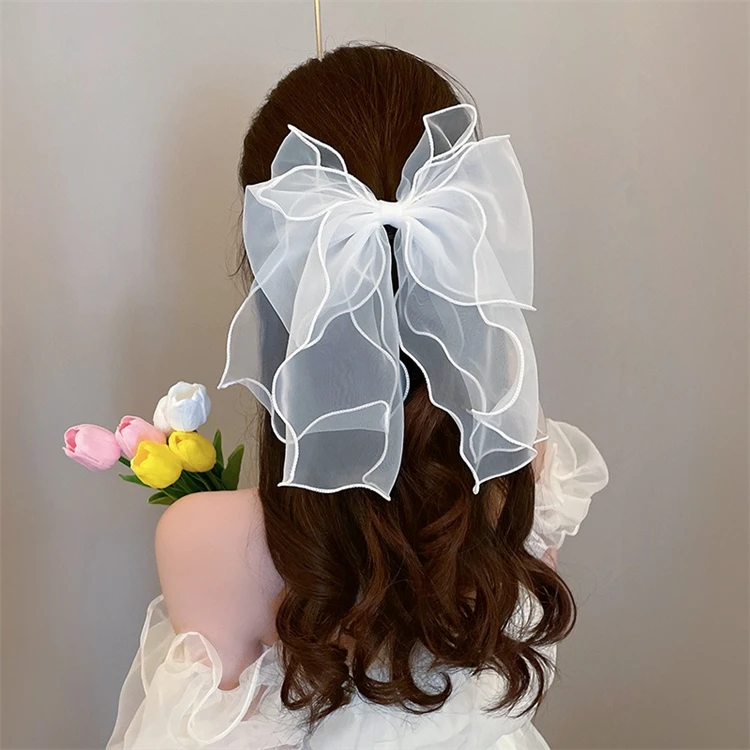 Fashion Organza Big Bow Hair Clip Elegant Ribbon Bowknot Spring Clip Solid Color Handmade Hairpin Women Hair Accessories