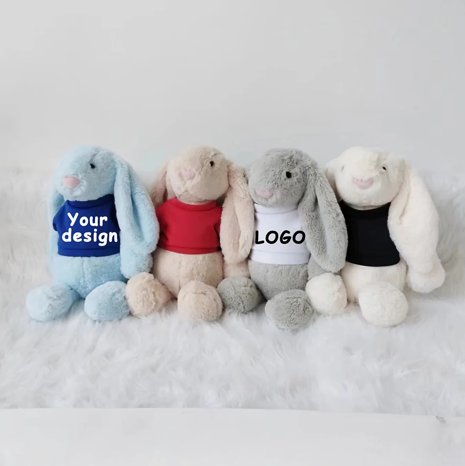 40CM Wholesale Cute fluffy soft cartoon stuffed animals long ear rabbit plush toy custom logo plush bunny with T-shirt
