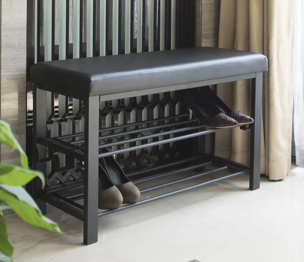 Customized Modern PVC Leather Metal Folding Bench Shoe rack for Living Room