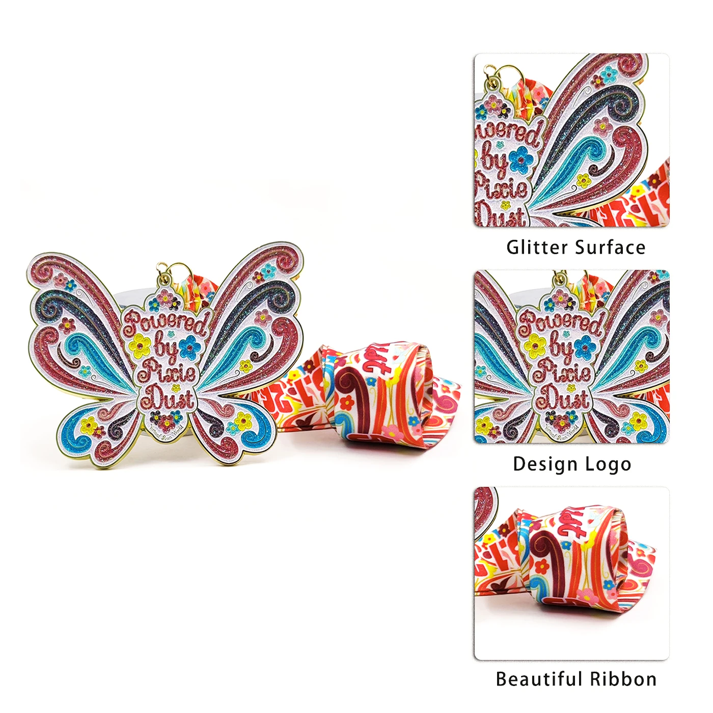 Promotional Custom Made Hard Enamel Glitter Butterfly Medal with Bespoke Sublimated Ribbon for Events and Competition medallero