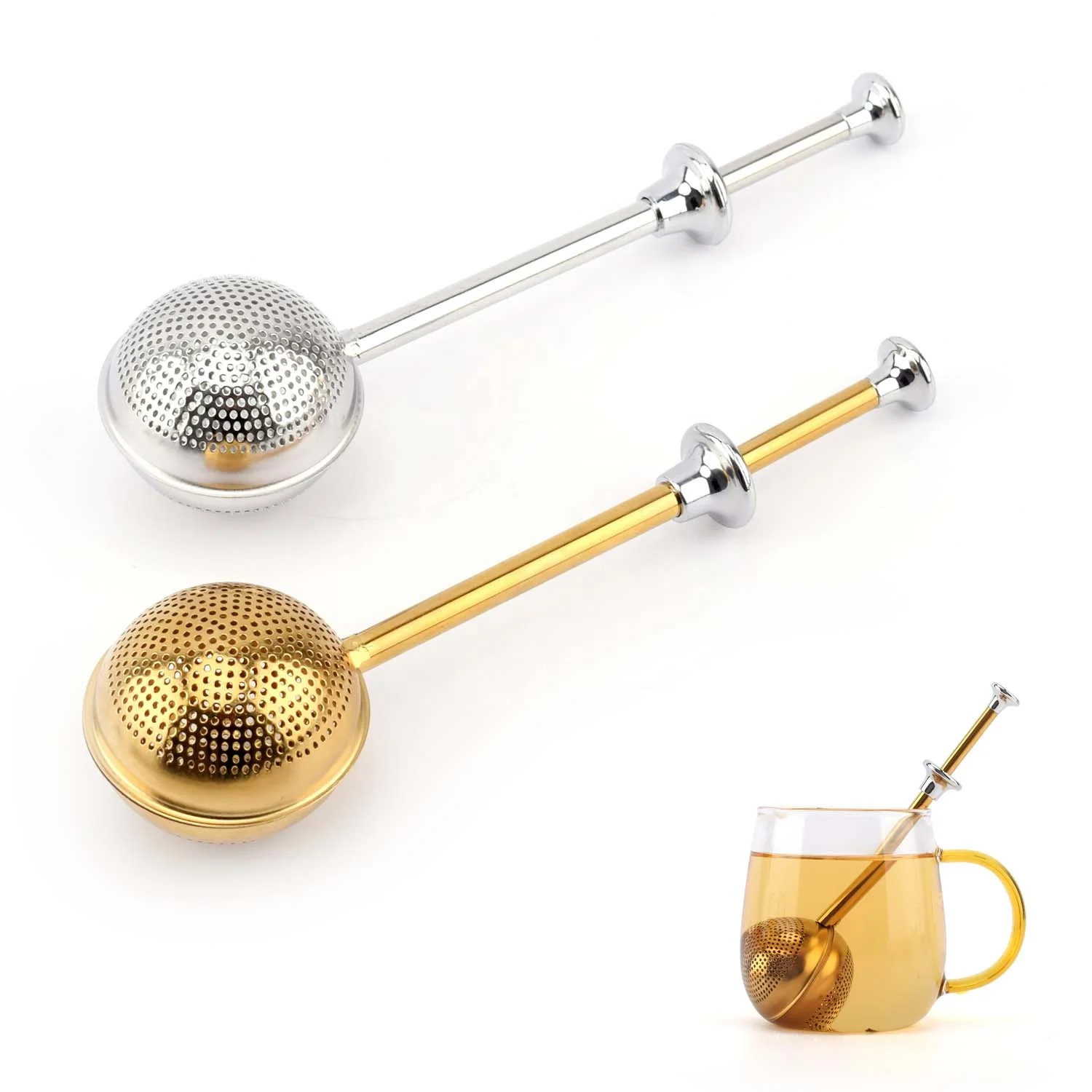 Top Quality Multi Color Ball Shape Spoon Tea Infuser With Pushing Handle