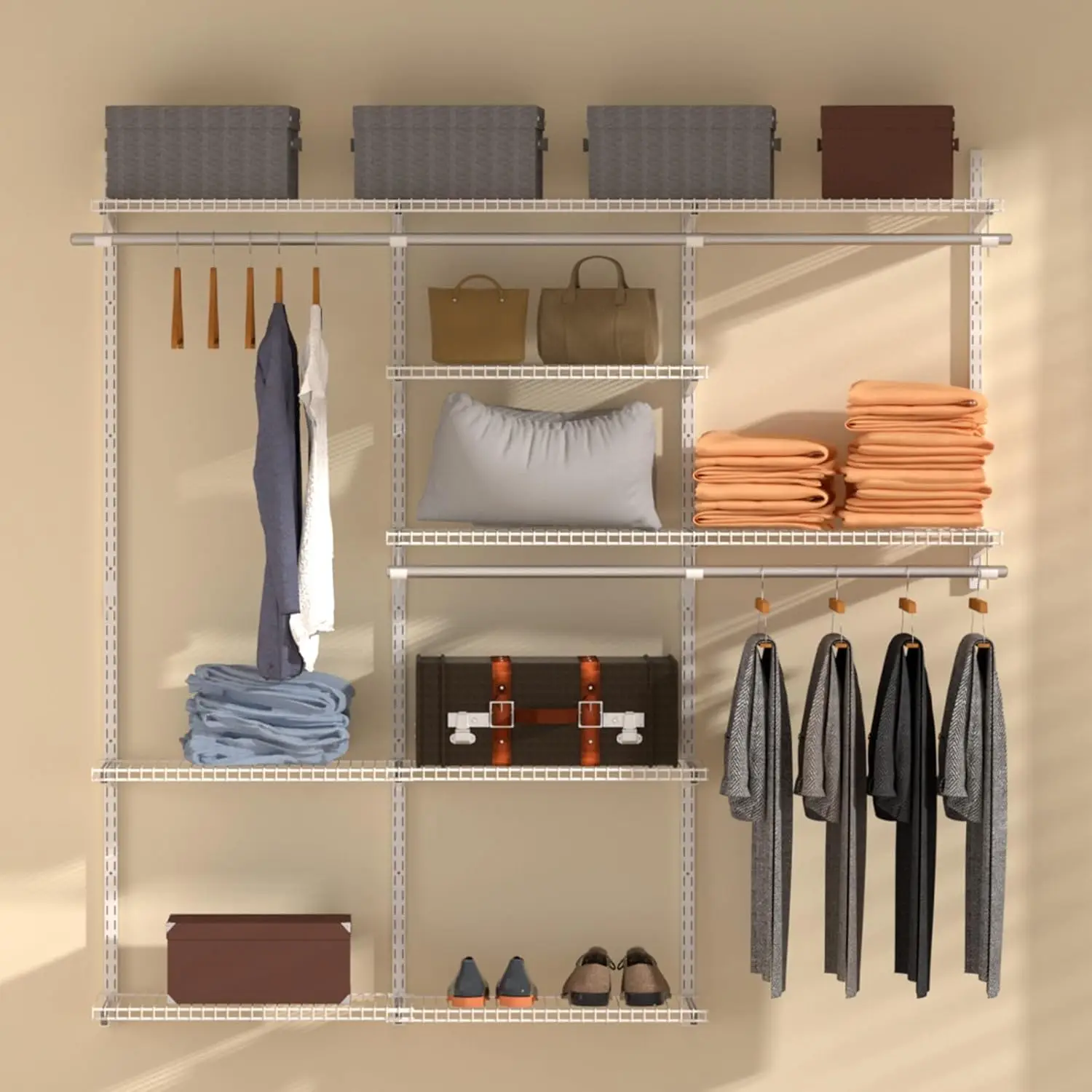 Wall Mounted 4-8 Feet Adjustable & Expandable Metal Wardrobe Walking Wire Hanging Clothes Rack Open Closet Storage Organization