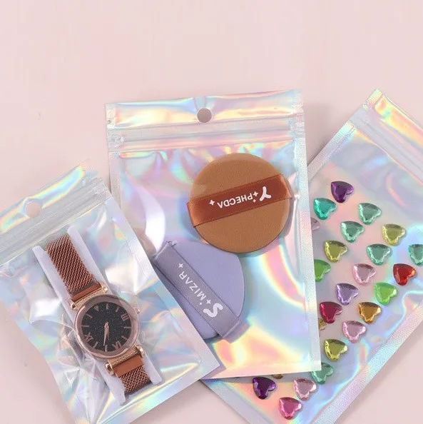 One Side Clear Small Mini Rainbow Iridescent Mylar Packaging Ziplock Pouch Bags custom logo pvc plastic shopping bag holographic