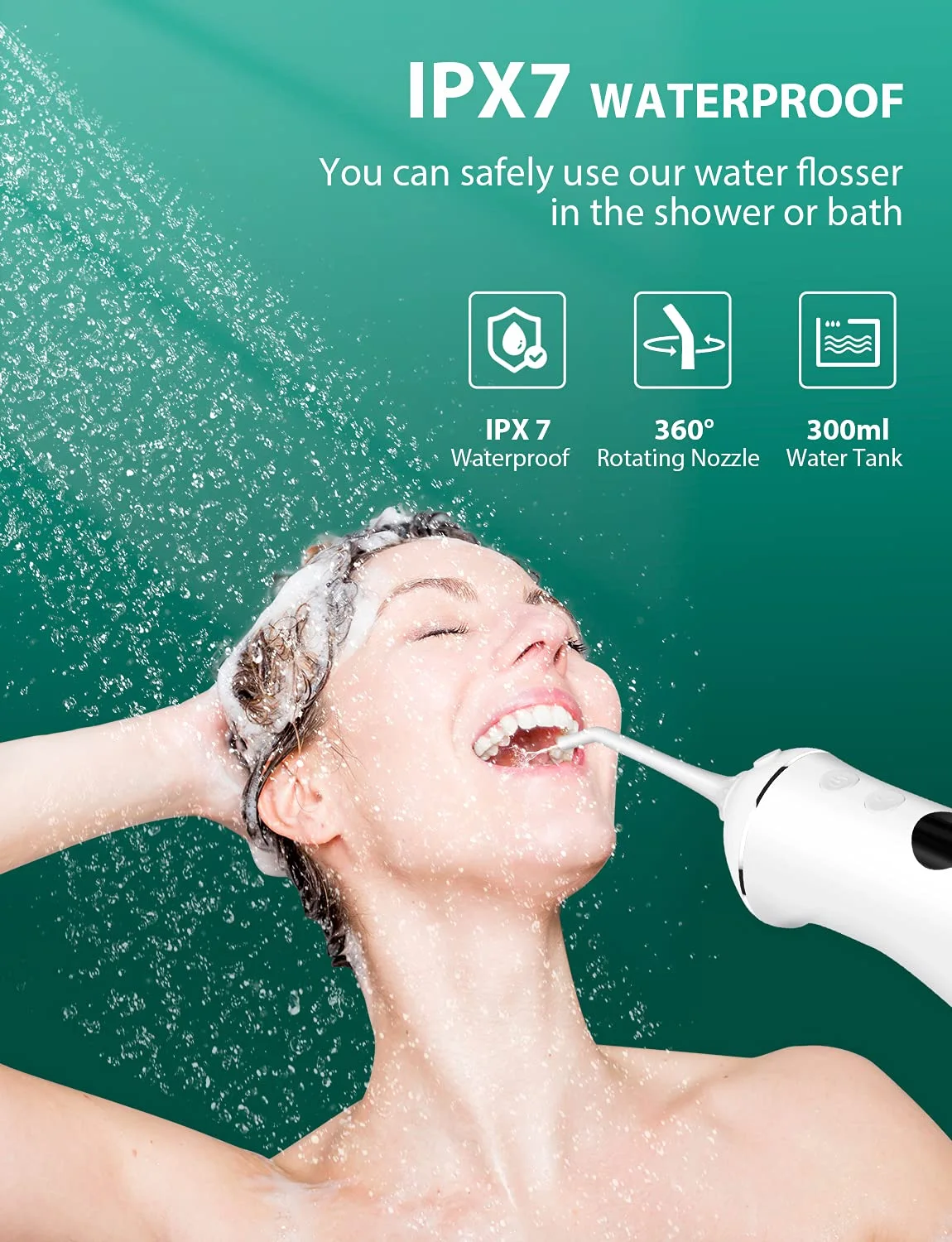 Portable USB Charger White Water Flosser Cordless Dental Cleaner Irrigator 300ML Capacity IPX7 Waterproof with 5 Nozzles