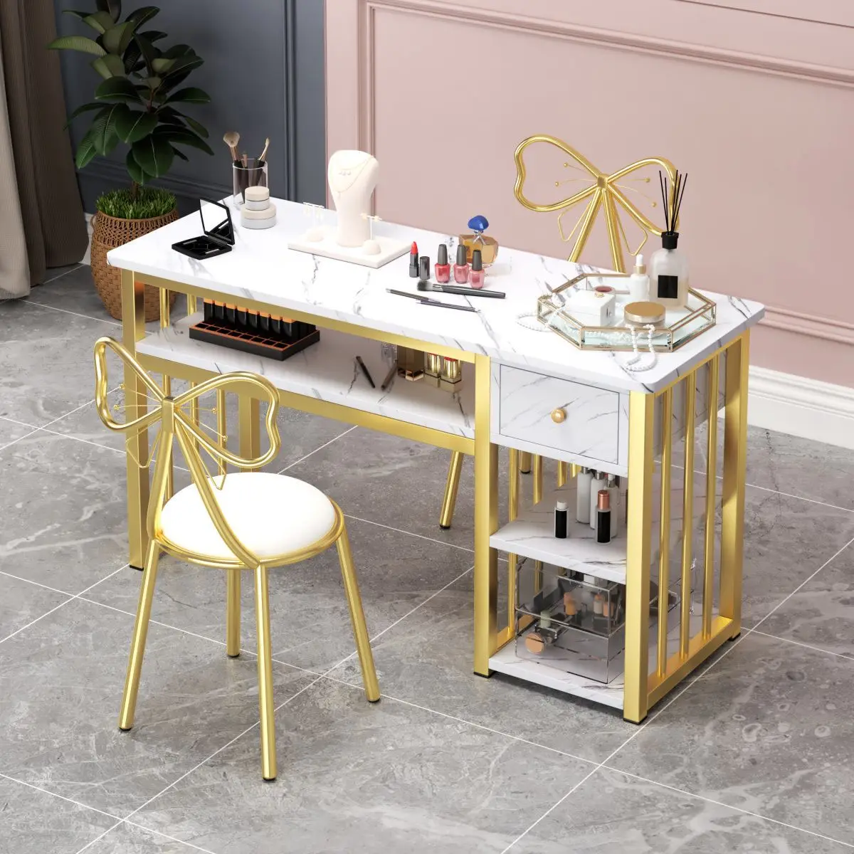 Fashion Light Luxury Salon Furniture Nail Salon Table and Chair Set Metal Frame Multifunctional Nail Salon Table Makeup Table
