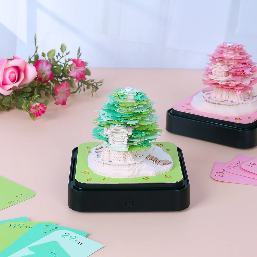 Best Selling Online Green Tree House Castle 3D Memo Pad Desk Decor Paper Arts 2024 Calender Crafts For New Year Gifts