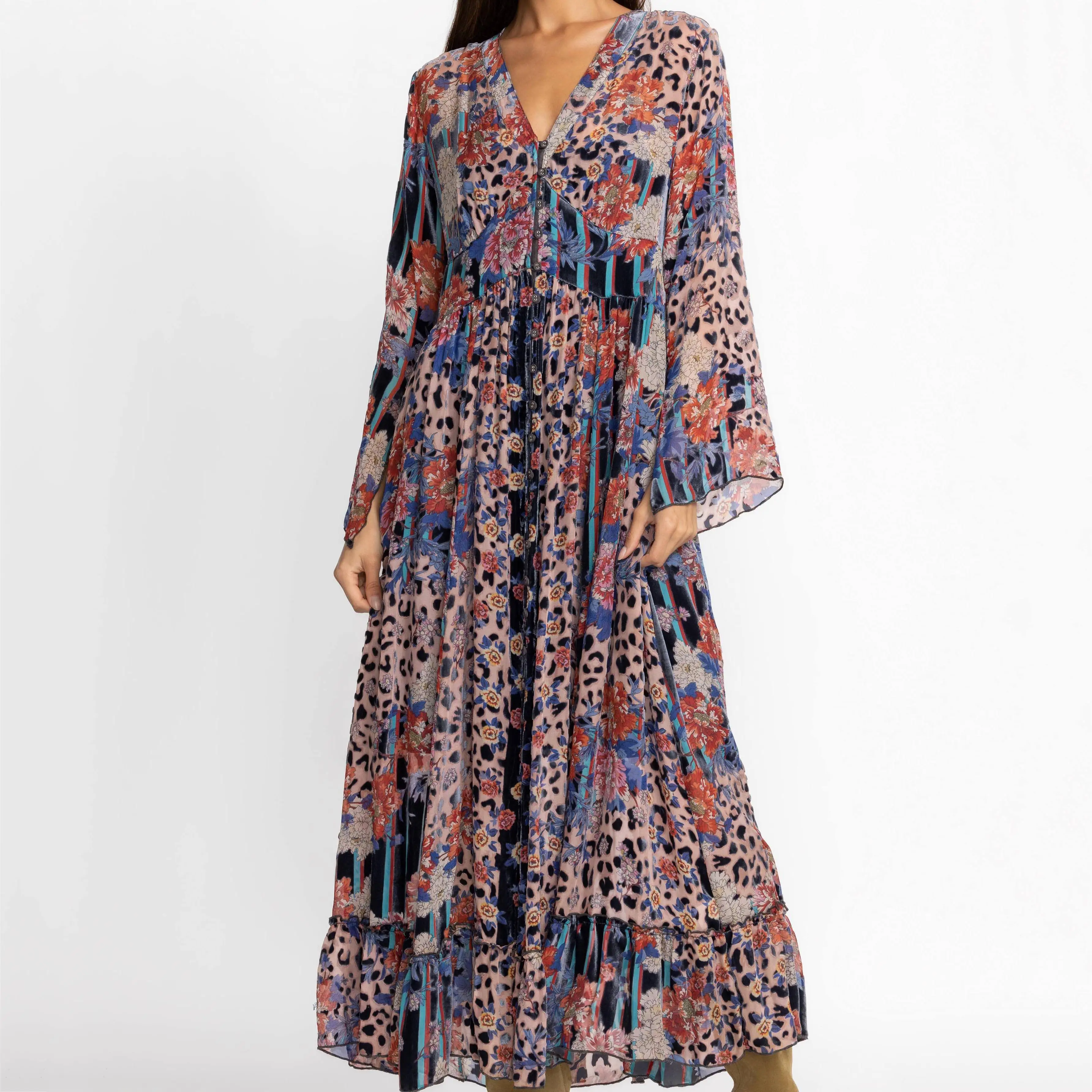 Custom New Design Elegant Casual V-Neck Long Sleeve Maxi Bohemian  Dress For Women
