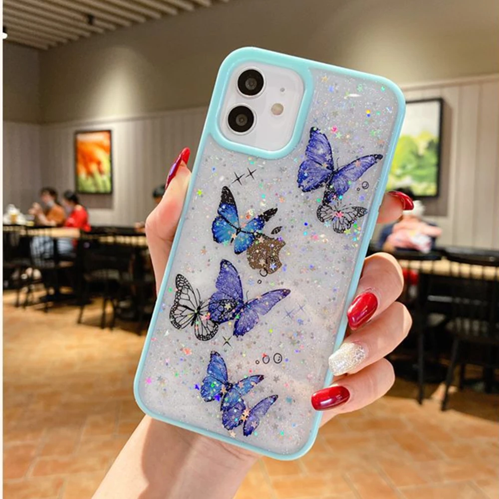 Soft Shockproof Bumper Crystal Acrylic Back Cover For iPhone Max 7 8 Plus 11 12 13 Pro Max Girl Glitter Butterfly Phone Case