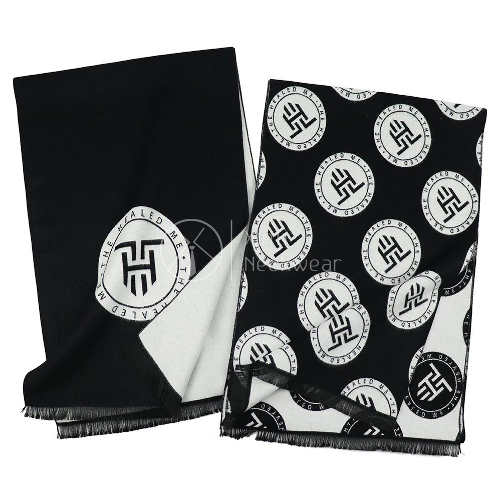 2023 Fashion Black White Company Logo Woven Brushed Viscose Scarves Unisex Custom Design Winter Scarf